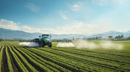 Fototapeta premium Agriculture: A drone image of a tractor spraying pesticides on a lush green orchard. A vast field of wheat ready for harvest, with a blue sky in the background.