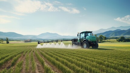 Fototapeta premium Agriculture: A drone image of a tractor spraying pesticides on a lush green orchard. A vast field of wheat ready for harvest, with a blue sky in the background.