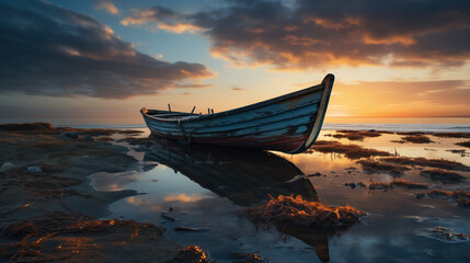 Boat resting at serene sunset beach.