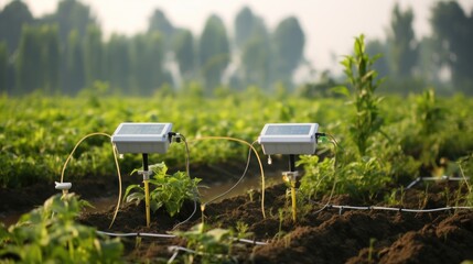 A smart irrigation system with sensors in the field and a control panel. Smart irrigation systems use sensors to monitor soil moisture levels and weather conditions. Biotechnology. - obrazy, fototapety, plakaty