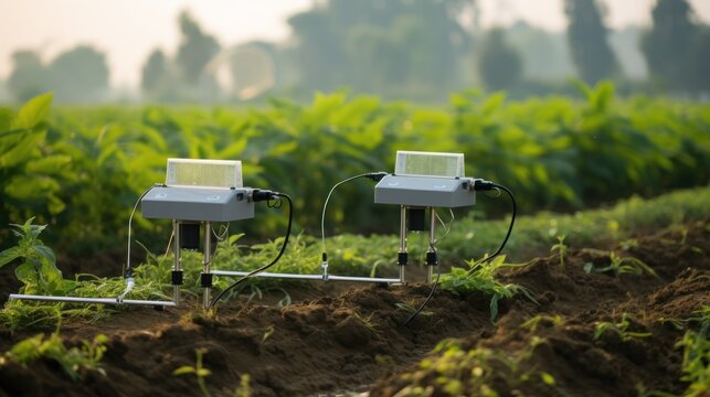 A smart irrigation system with sensors in the field and a control panel. Smart irrigation systems use sensors to monitor soil moisture levels and weather conditions. Biotechnology.