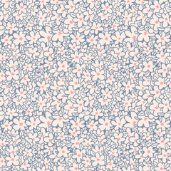 Line flowers blue on beige background vector seamless pattern. Design for decoration, wall decor, wallpaper, cover, banner, poster, card.