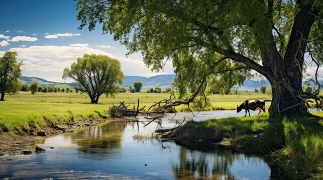 Rural Landscapes: A serene farm pond surrounded by willow trees and grazing cattle.