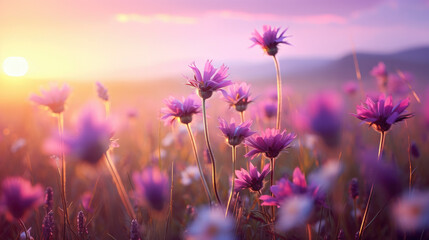 beautiful colorful meadow of wild flowers floral background, landscape with purple pink flowers...
