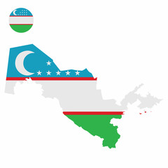 Vector set of Uzbekistan high detailed map flag and national flag round badge isolated on white background.