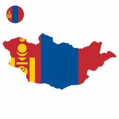 Obraz premium Vector set of Mongolia high detailed map flag and national flag round badge isolated on white background.