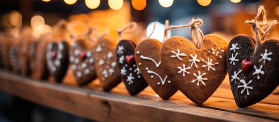 Detailed gingerbread hearts with Merry Christmas lettering sold at a German Christmas market
