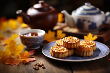 a plate of delicious traditional mooncakes - obrazy, fototapety, plakaty