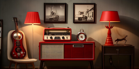 a vintage mid-century desk with black photography backdrop behind in a white space, on the ground is red australian dirt the lighting is studio