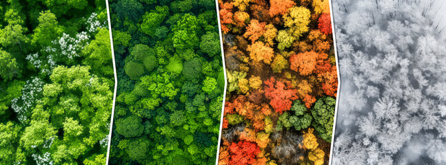 Top view of forest in four seasons - arrow banner collage - obrazy, fototapety, plakaty