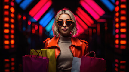 Woman in neon light cyberpunk dark background with shopping bags in black friday, cyber monday sales concept