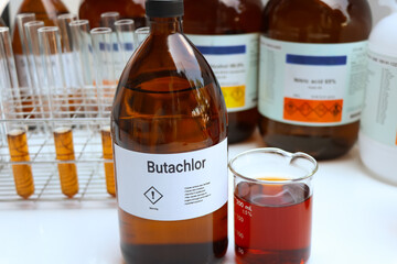 Butachlor in glass, Herbicides are used to manage wasteland or control weeds in agriculture