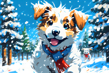 A dog is having fun running around in a snow-covered park in winter. Generative AI.