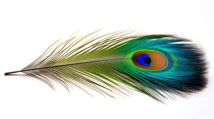Colorful peacock feather on white background