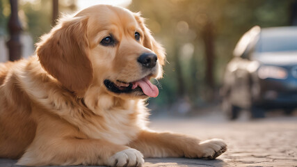 dog at blur background high quality photo,A dog sits on the road with a tag that says golden retriever.

