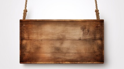Wooden Sign Hanging with Ropes Isolated on the White Background
