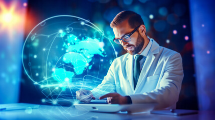 Obraz premium Scientist in white coat and abstract glowing globe - concept of global electronic connectivity
