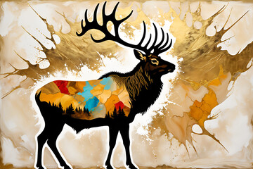 Abstract Elk Silhouette Art Golden Antlers on Marble
