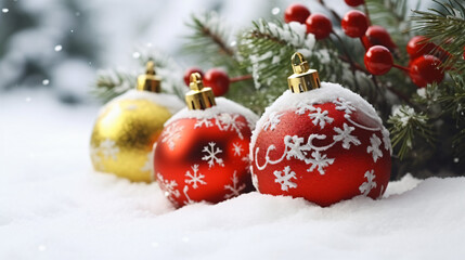 Naklejka na ściany i meble Beautiful christmas decorations on snow