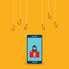 Hacker attack. Hackers and cybercriminals phishing, identity theft, user login, password, documents, email and credit card. Hacking and web security. Internet phishing concept. Vector illustration - obrazy, fototapety, plakaty