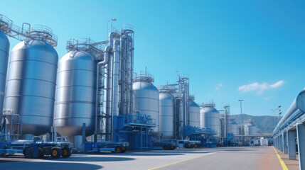 Obraz premium Hydrogen power plant, large steel tanks and pipes, Clean H2 energy concept.