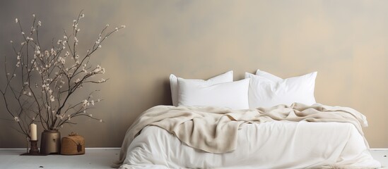 A light colored craft bed linen is seen against a gray wall with a light backdrop An object is nearby