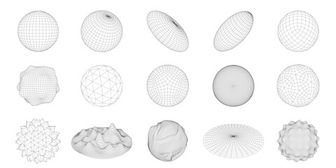 Wireframe 3D circle grid shapes. Geometric sphere mesh, abstract round figures vector set with editable stroke paths - obrazy, fototapety, plakaty