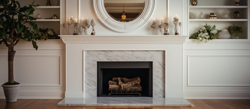 Marble picket tiles surround hearth adorned with decorations and large circular mirror above alongside hardwood flooring