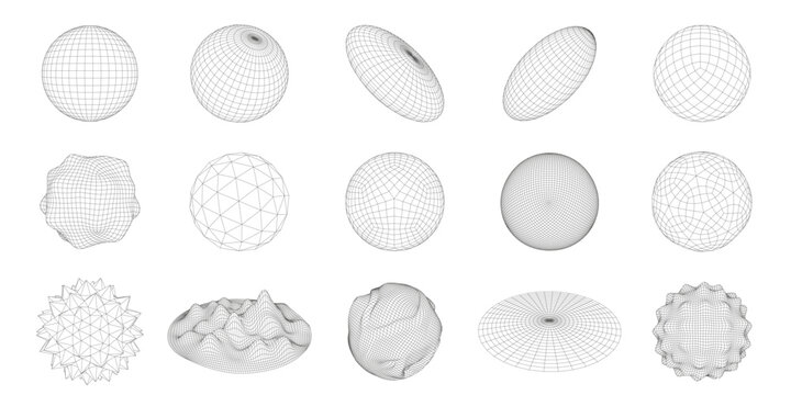 Wireframe 3D circle grid shapes. Geometric sphere mesh, abstract round figures vector set with editable stroke paths