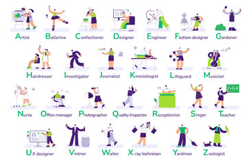 Professions alphabet. Job market, select a profession from list with alphabetical order. Different types of work and occupation search flat vector illustration