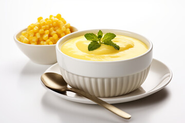 Corn soup served with corn that has been removed from the cob. In white ceramic cup and brass spoon.