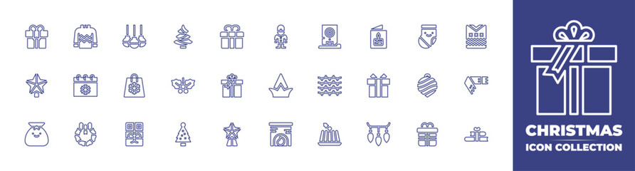 Christmas line icon collection. Editable stroke. Vector illustration. Containing gift, greeting card, top, christmas lights, present, soldier, star, elf hat, christmas bag, fireplace, sweater, scarf.