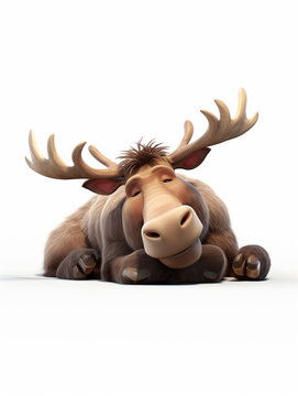 A 3D Cartoon Moose Sleeping Peacefully on a Solid Background