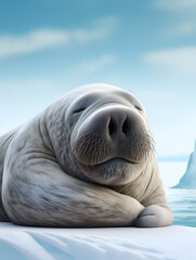 Naklejka premium A 3D Cartoon Walrus Sleeping Peacefully on a Solid Background