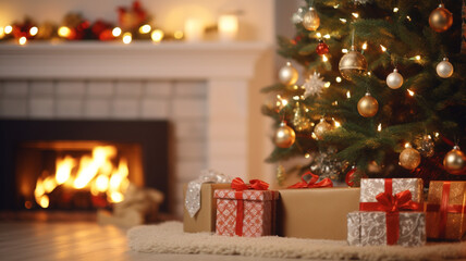 Fototapeta na wymiar background christmas tree and gifts and fireplace