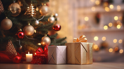 Fototapeta na wymiar background christmas tree and gifts