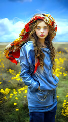 Woman standing nostalgically in a field of yellow flowers
