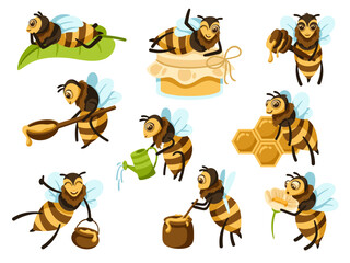 Cartoon honey bee mascot. Cute bee character with organic honey pot, bottle and flower vector illustration set