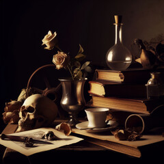 Still life with books, flowers and human skull on a dark background