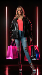 Full body woman in neon light cyberpunk dark background with shopping bags in black friday sales concept