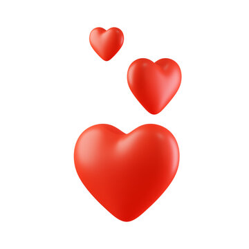 Likes, hearts for live stream video. Flying red hearts, likes isolated on a white background. Web elements, app, ui. Social media concept. 3d render illustration
