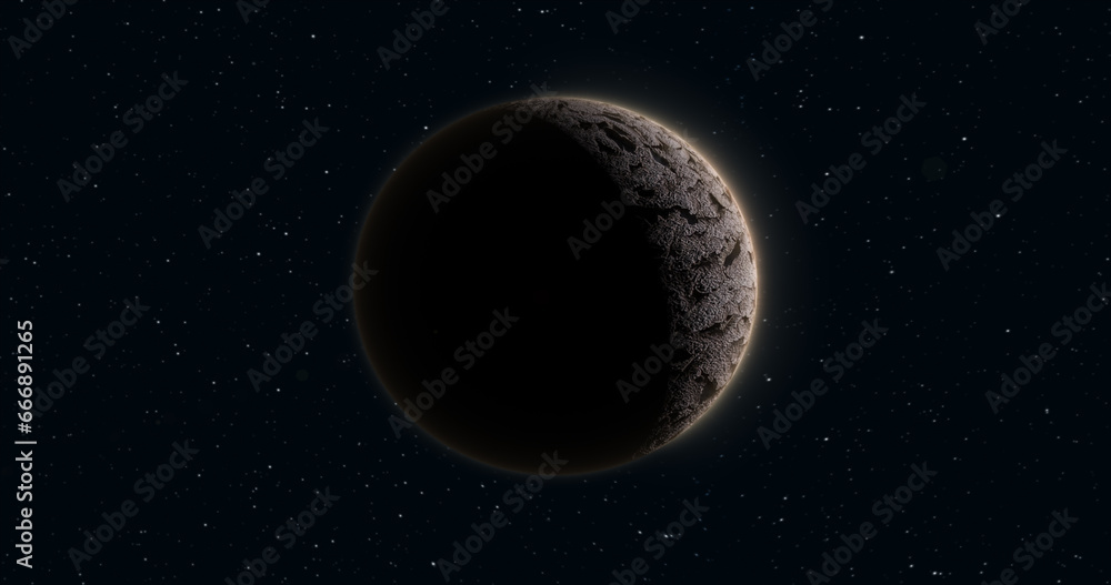 Poster abstract realistic space planet round sphere with a stone relief surface in space against the backgr