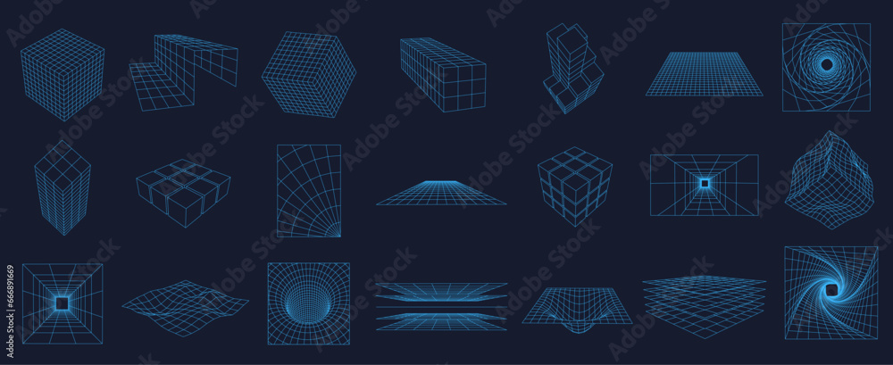 Poster wireframe grid elements. 3d mesh structures, cyber geometric plane and cube shapes with 80s tech aes