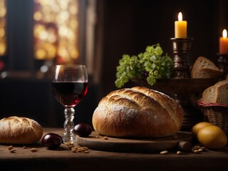 Unleaven Bread And Wine For Communion Ai Generated