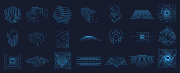 Wireframe grid elements. 3D mesh structures, cyber geometric plane and cube shapes with 80s tech aesthetics. Vector set with editable stroke paths