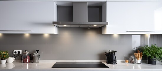 Modern kitchen with white cabinets and counter featuring built in ovens and an exhaust hood over the cooker at home