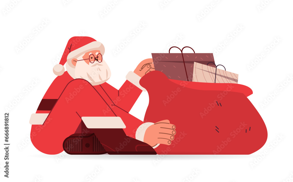 Wall mural santa claus in red costume sitting on floor near sack full of gift boxes happy new year merry christ