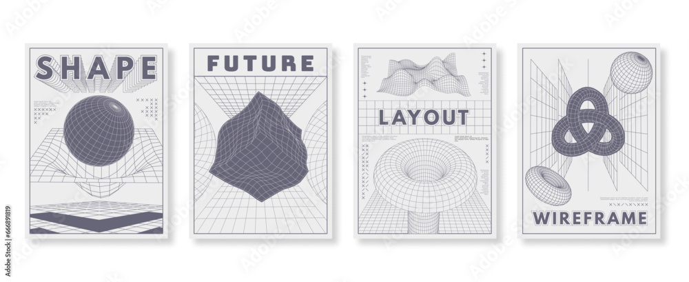 Poster abstract wireframe posters. futuristic layout with 3d geometric shapes, wireframe low poly grid stru