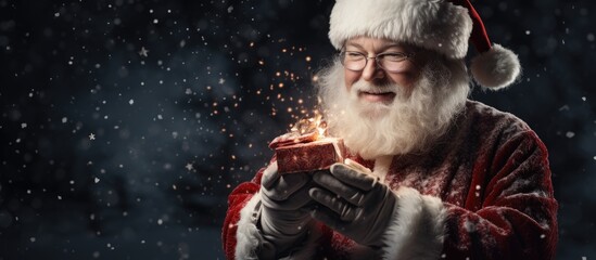 Santa Claus gifting a small box on a snowy night - obrazy, fototapety, plakaty