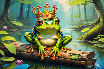 Anime-Style Frog with Crown on Log Creative Composition